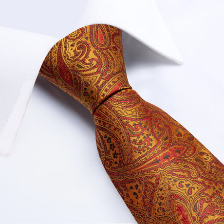 Men Tie Orange Paisley Luxury Silk Polyester Wedding Prom 8cm Necktie Set Pocket Square Cufflinks Gift for Husband Men Accessory