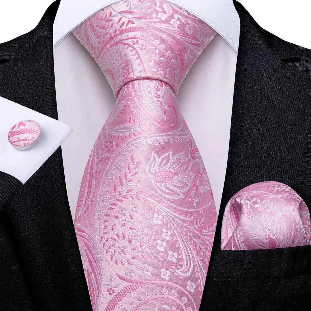 Hi-Tie Solid Rose Pink Coral Paisley Mens Silk Wedding Tie Fashion Design Necktie For Men Quality Hanky Cufflink Business Party