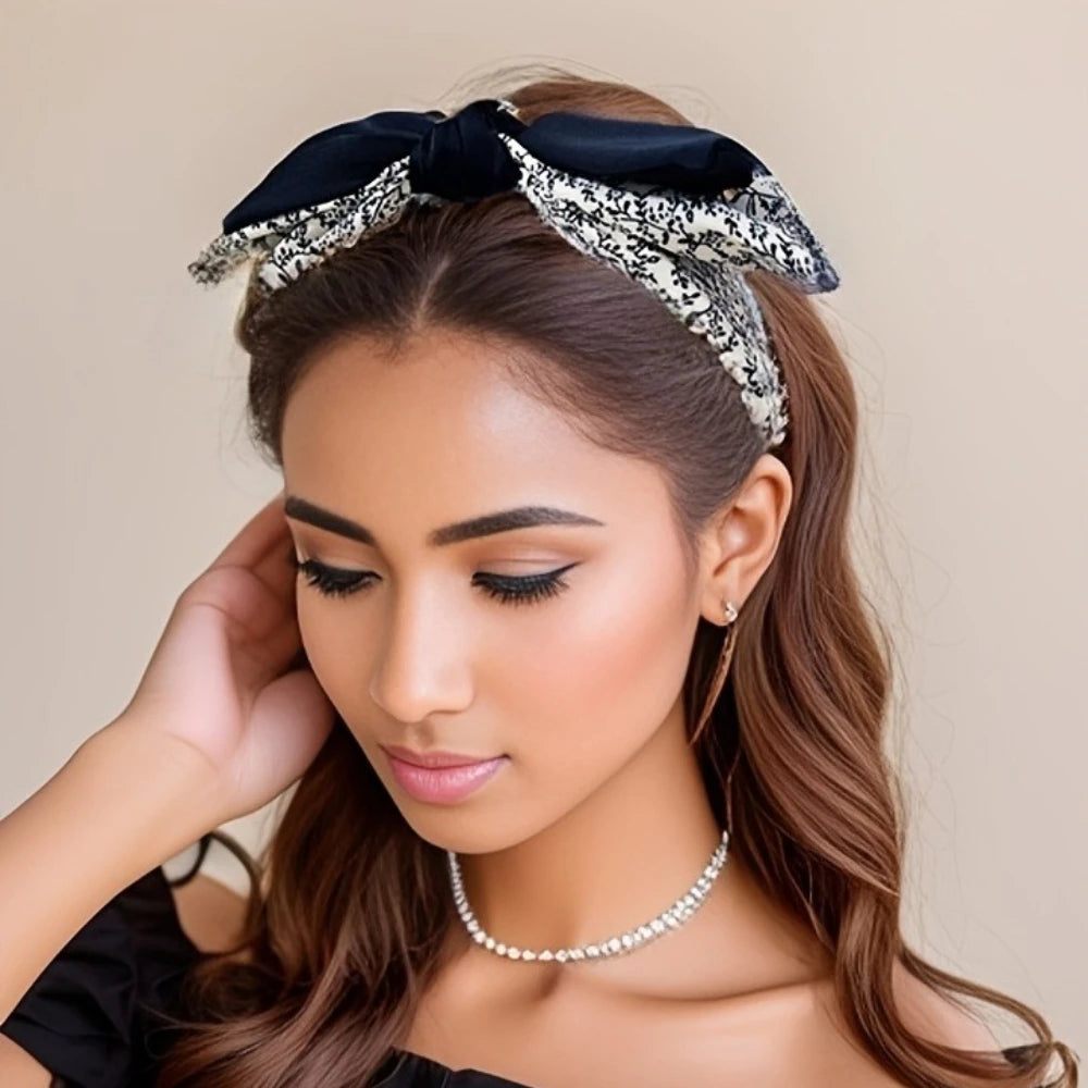 Elegant Floral Black White Hairbands for Women Girls Wide Edge Soft Hair Hoops Big Bowknot Cross Headband Hair Styling Tool Gift