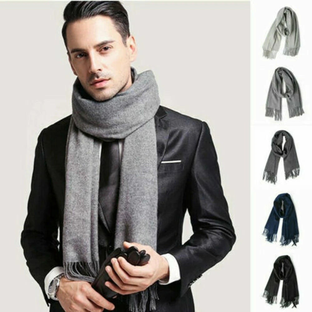 Fashionable Men Faux Wool Warm Scarfs Winter Shawl Neck Thick Knit Super Soft Solid Comfortable Wrap Outdoor Activities Gift Men