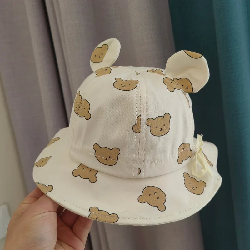 Korea Cotton Baby Bucket Hat with Ears Boys Girls Cute Cartoon Bear Breathable Sun Fisherman's Hat Kids Outdoor Child Panama Cap