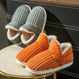 Winter Couple Style Concise Stripes Wrap Heels Plush Slippers Ladies' Non-slip Soft Warm Flip Flops Men Home Casual Cotton Shoes