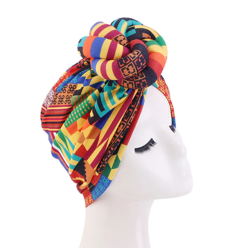 African Print Turban for Women New Fashion Pre-Made Top Knot Head Wraps Flower Stretch Hijab Ladies Party Wedding Headdress