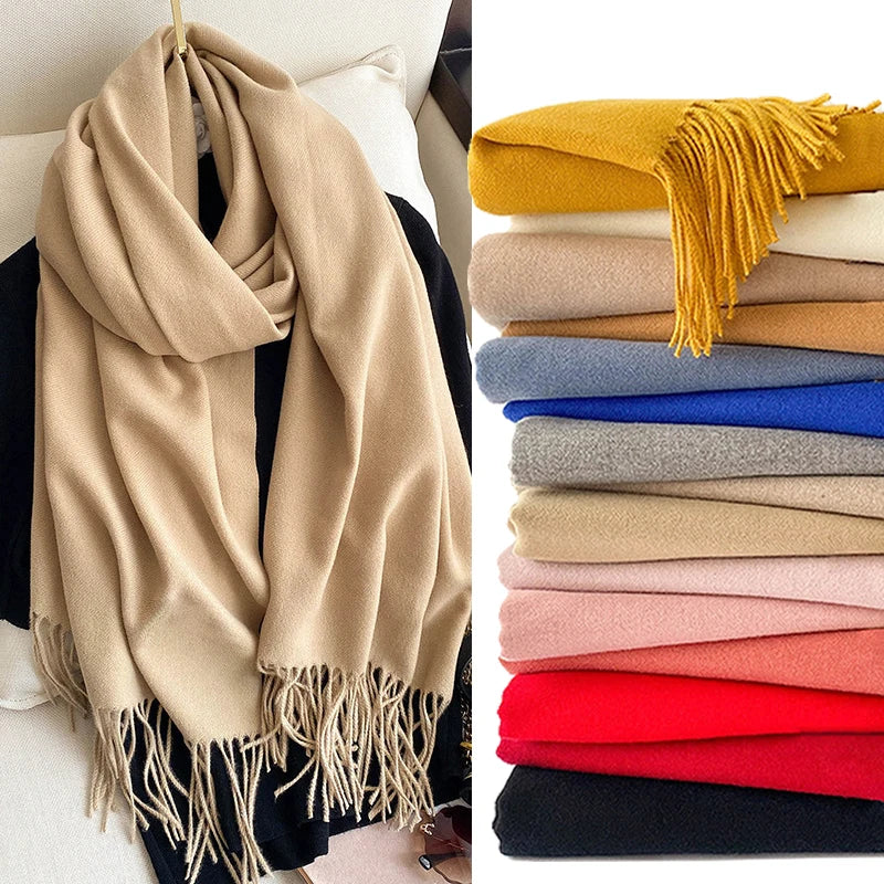 2022 Winter Scarf Solid Thick Women Cashmere Scarves Neck Head Warm Hijabs Pashmina Lady Shawls And Wraps Bandana Tassel