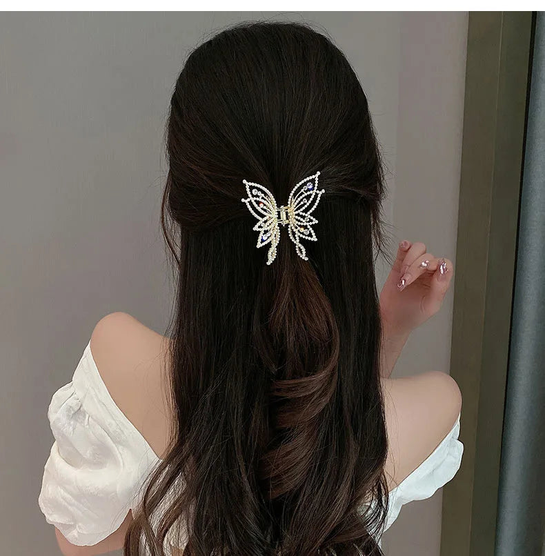 Kiss Jewelry Luxury Butterfly Hair Claw Clip Gold Plated Rhinestone Pearl Hairpin Women Korean Fashion Headwear Hair Accessories