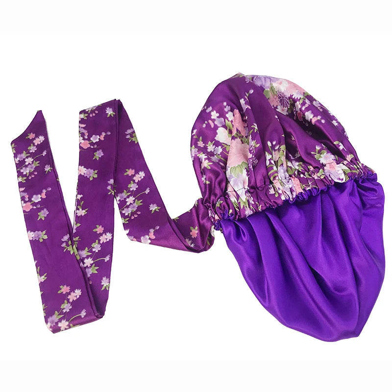 Soft Silky Print Satin Bonnet for Women Large Nightcap with Long Satin Ribbon Tie Band Bonnet Adjustable Wide Band Head Wrap Hat