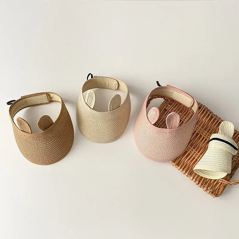 Lovely Bear Ears Empty Top Hat Baby Straw Cap Children Long Brim Sun Visors Kids Adjustable Summer Beach Bonnet Boy Girl Props