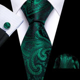 Luxury Silk Mens Ties Set Black Green Leaves Floral Neck Tie Handkerchief Cufflinks Set Wedding Business Party Barry·Wang 5938