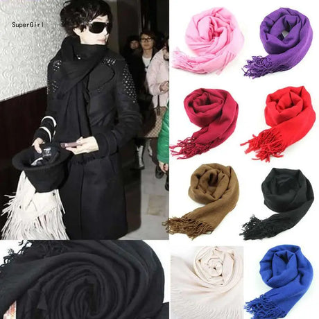 Women Wrap Scarf Cashmere Wool Scarves Silk Solid Long Shawl Tassel