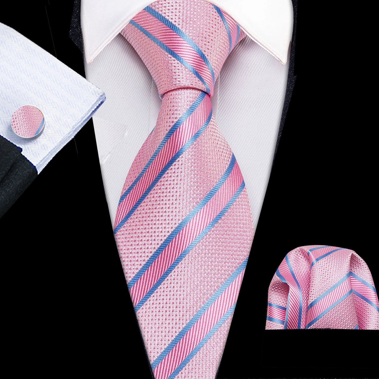 Barry.Wang Pink Silk Mens Tie Hanky Cufflinks Set Peach Salmon Rouge Rose Jacquard Necktie For Male Wedding Party Business Event