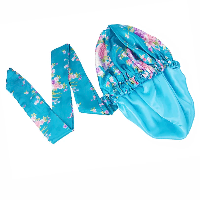 Soft Silky Print Satin Bonnet for Women Large Nightcap with Long Satin Ribbon Tie Band Bonnet Adjustable Wide Band Head Wrap Hat