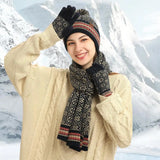 Women Winter Beanie Hat Long Scarf Touchscreen Gloves Set with Fleece Lined Jacquard Warm Knitted Hat with Plush Ball