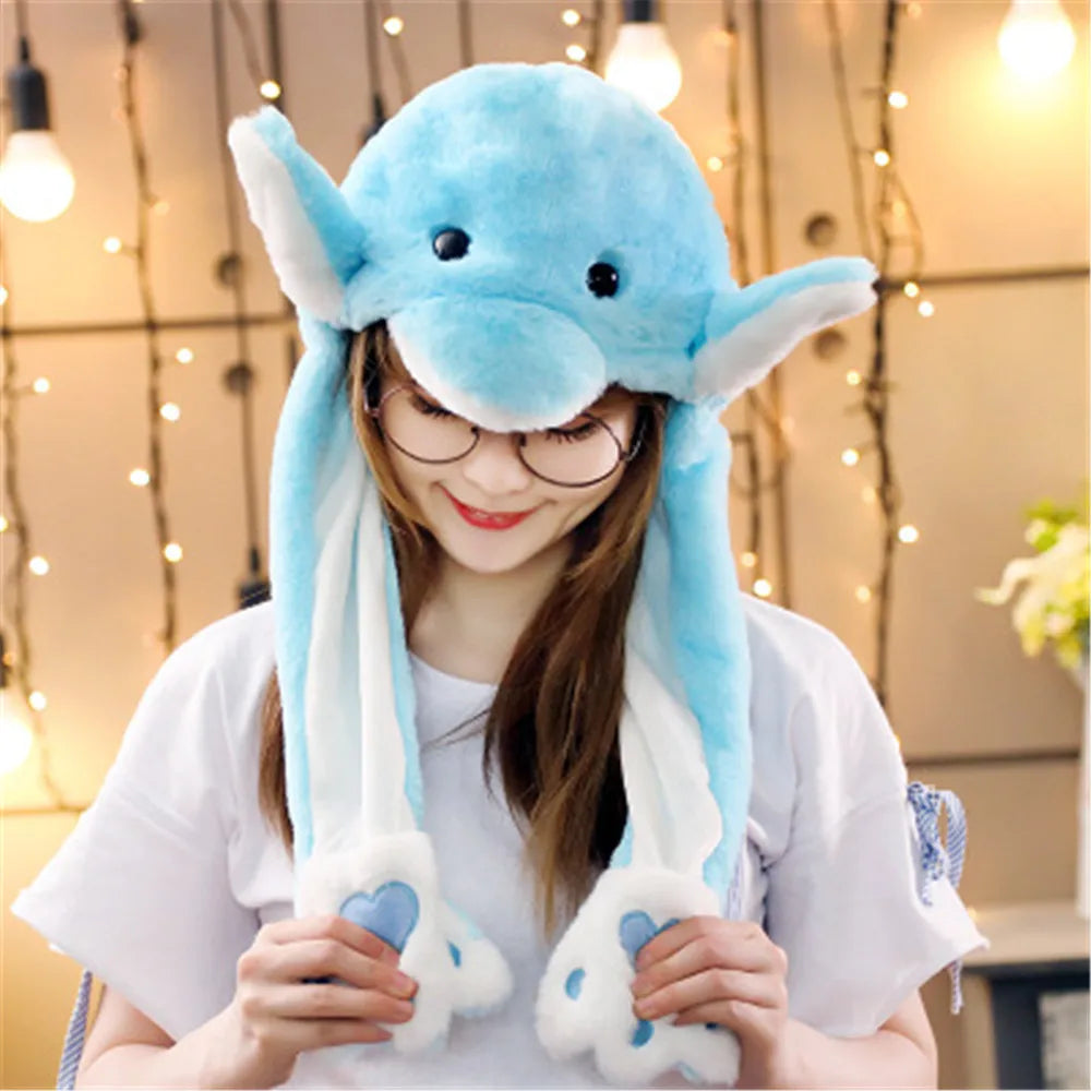 Women Girls Soft Warm Moving Jumping Rabbit Pinch Airbag Animals Ear Hat Funny Cap Plush