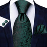 Hi-Tie Dark Green Psialey Silk Elegant Tie For Men Groom Wedding Men Necktie Pocket Square Cufflink Accessory Wholesale Designer