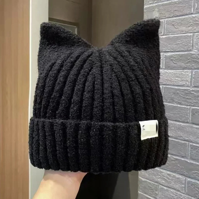 Cute Cat Ears Beanies For Women Autumn And Winter Warm Ear Protection Sweet Versatile Pullover Knitted Hats