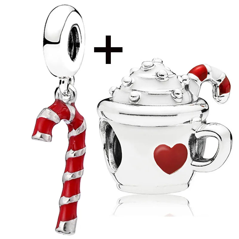 Buipoey 2pcs/lot Christmas Red Cane Gingerbread Man Charm Snowman Santa Beaded Sock Pendant DIY Beacelets jewelry Accessory Gift