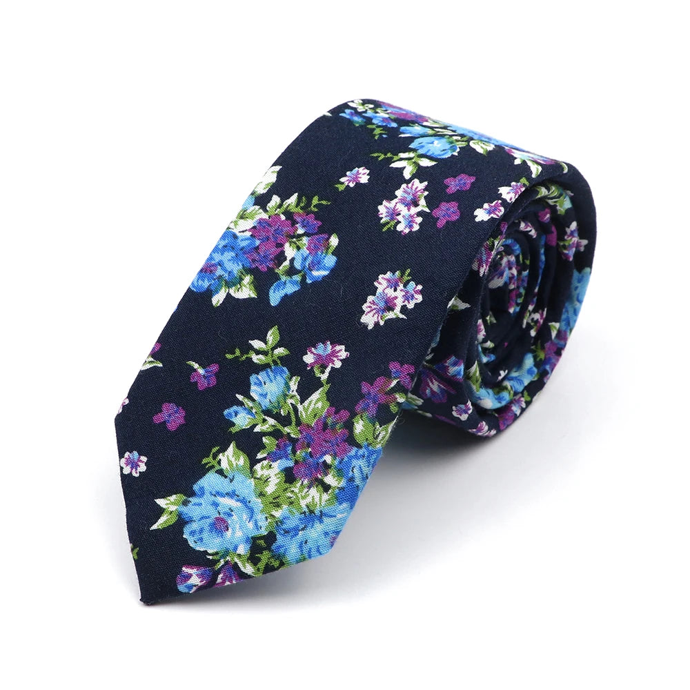 New Style Floral Printed 6cm Tie Blue Green Purple Skinny 100% Cotton Necktie For Men Women Wedding Party Suits Shirt Accessory