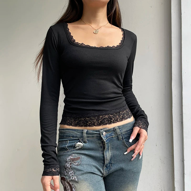 Sexy Black T-shirt Women Autumn New Lace Tees Fashion Streetwear O-Neck Casual Slim Long Sleeves T-shirt Female Versatile Top