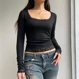 Sexy Black T-shirt Women Autumn New Lace Tees Fashion Streetwear O-Neck Casual Slim Long Sleeves T-shirt Female Versatile Top