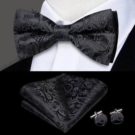 Hi-Tie Brand Silk Pre-tied Men's Bow Tie Hanky Cufflinks Set Bowtie for Male Jacquard Solid Paisley Floral Wedding Business Gift