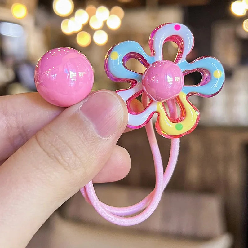 Elastic Hair Bands for Children, Hair Ropes, Color Blocked Flowers, Princess Cute Headwear, Girls Hair Accessories, New, 2Pcs