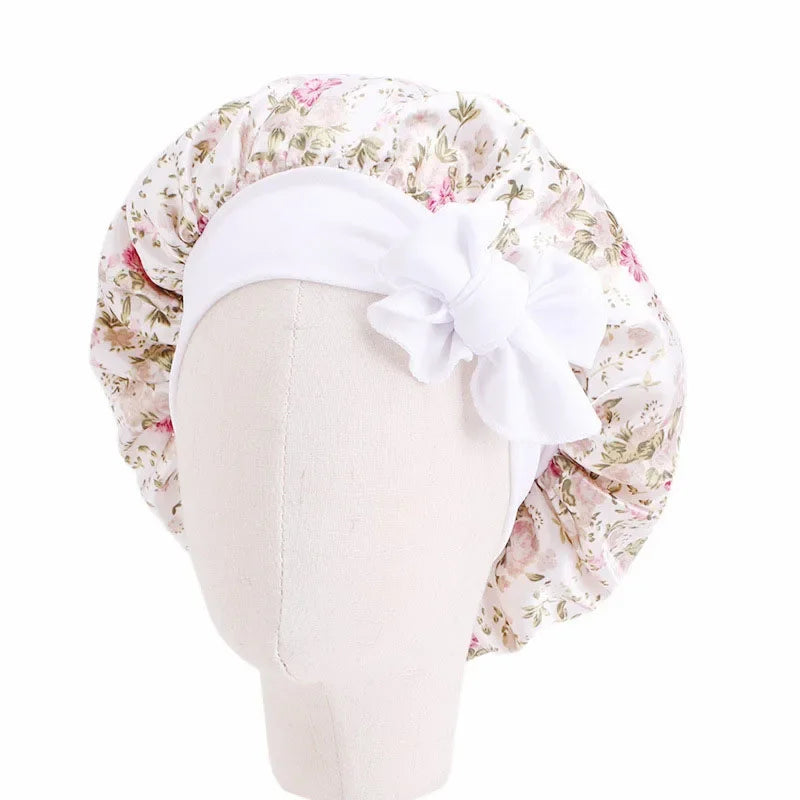 Kids Girls Sleep Cap Floral Print Hair Bonnet Satin Night Sleep Hat Turban Sleeping Hat Children Hair Care Bonnet Nightcap Caps