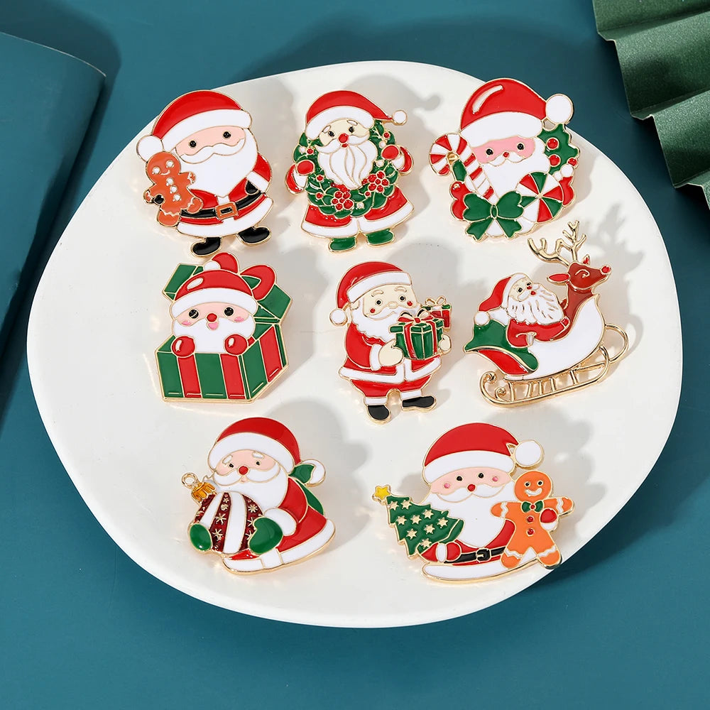 8 Styles Pretty Santa Claus Collection Brooches Candy Canes Wreath Sleigh Reindeer Tree Father Christmas Lapel Pins Xmas Gift