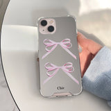 Fashionable INS Mirror Pink Ribbons Girly Chic Case for iPhone 15 14 13 Pro Max Plus Back Phone Cover for 12 11 Pro Max Capa