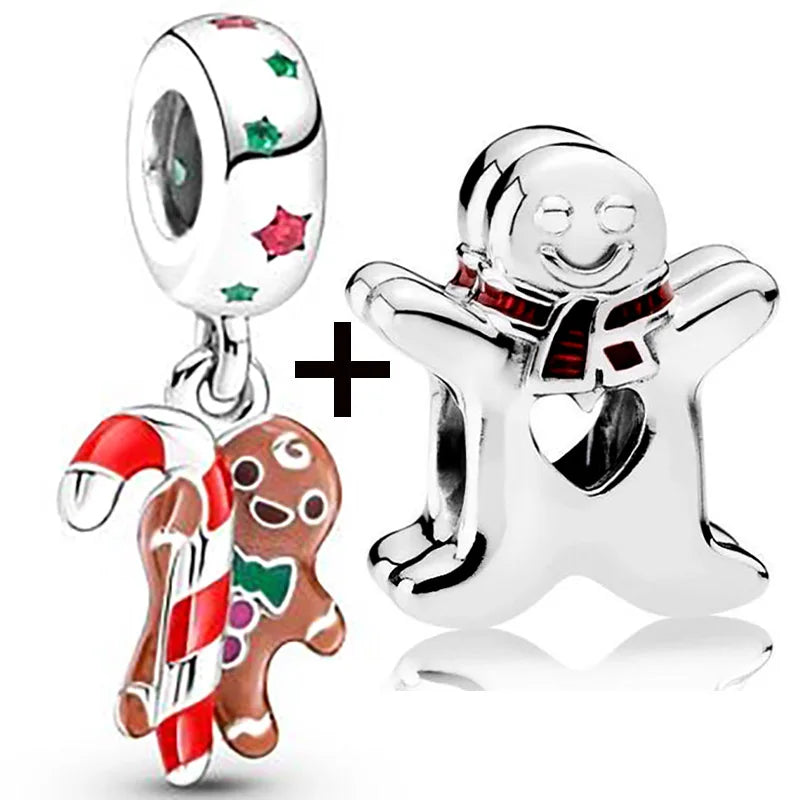Buipoey 2pcs/lot Christmas Red Cane Gingerbread Man Charm Snowman Santa Beaded Sock Pendant DIY Beacelets jewelry Accessory Gift