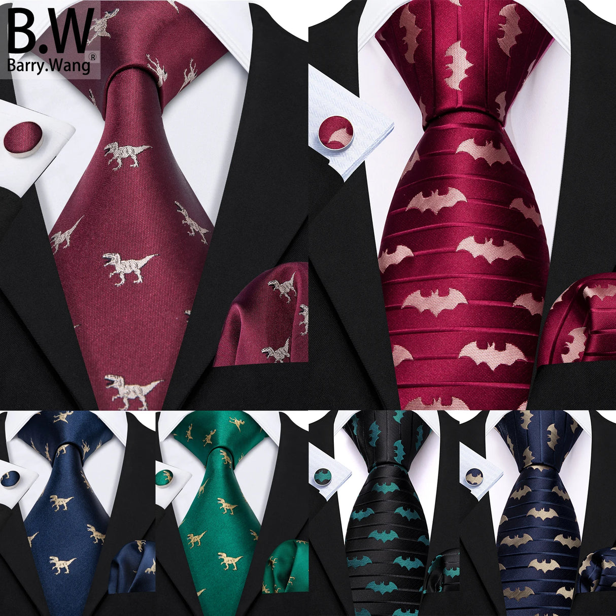 Barry.Wang Novelty Silk Men Tie Handkerchief Cufflinks Set Jacquard Animal Dinosaur Bat Gravat Necktie For Male Wedding Business