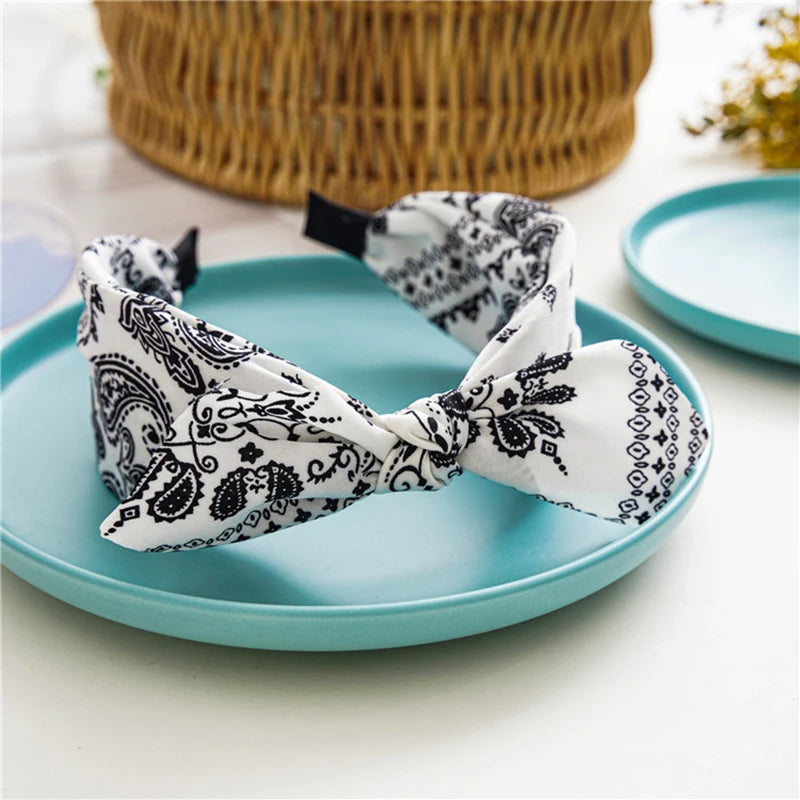 Bow Wide Brimmed Head Hoop For Women Boho Women Soft Solid Print Headbands Cross Knot Elastic Hair Hoop  Vintage Headwear New