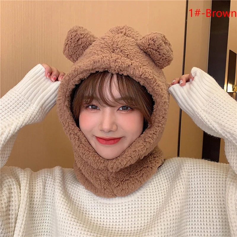 1Pc Cute Bear Ear Hat Scarf Gloves 3-in-1 Winter Warm Hedging Cap Women Windproof Plush Hat Scarf