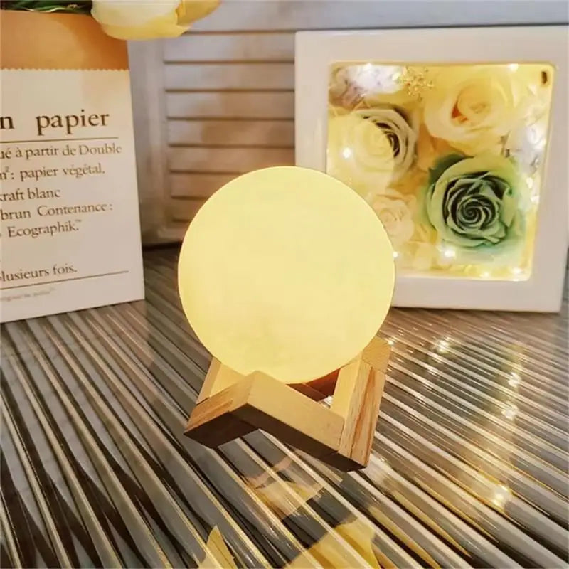 LED Night Light Moon Lamp DIY Starry Lamp Full Moon 3D Lamp Bedroom Decor Kids Birthday Gift Battery Power with Wooden Stand