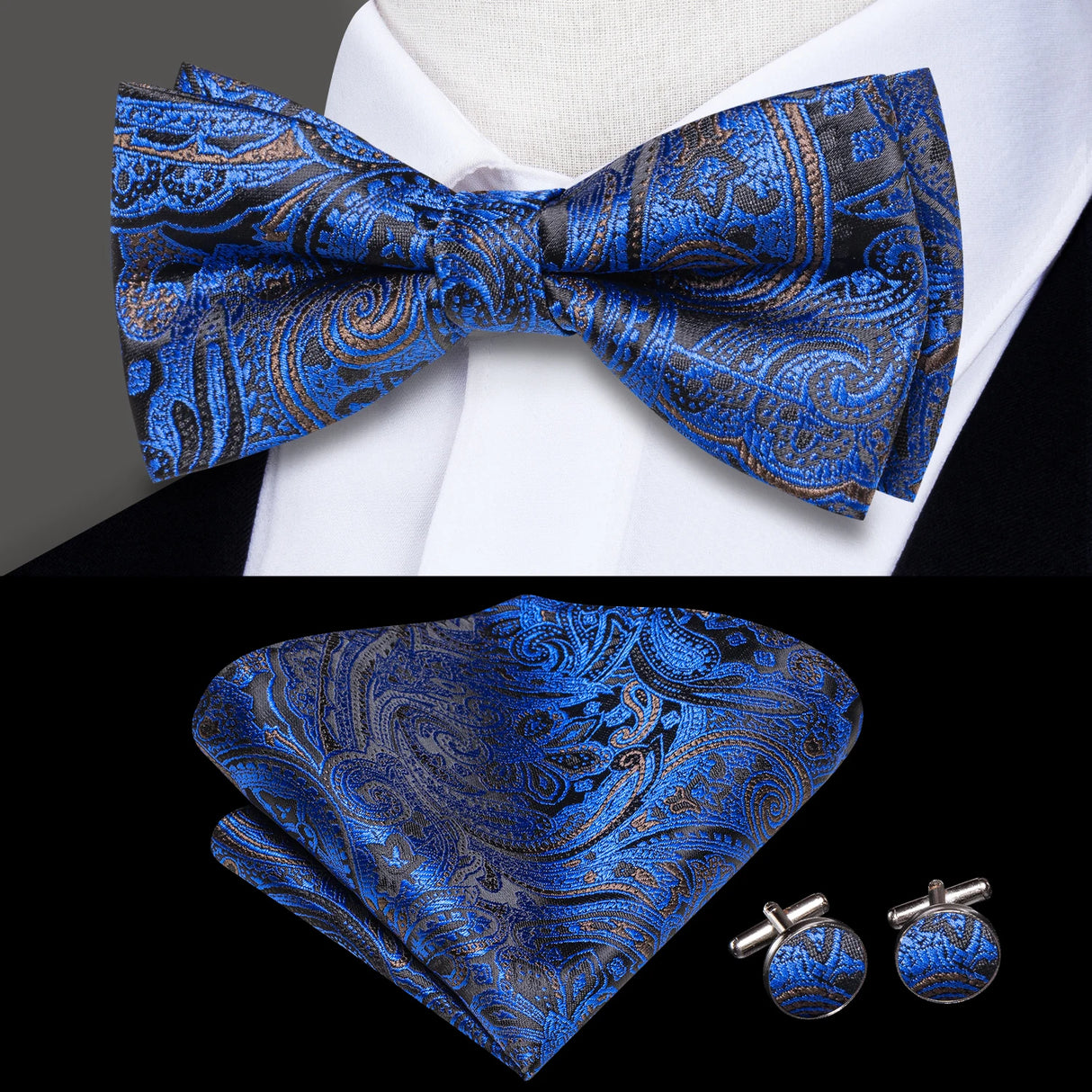 Hi-Tie Brand Silk Pre-tied Men's Bow Tie Hanky Cufflinks Set Bowtie for Male Jacquard Solid Paisley Floral Wedding Business Gift