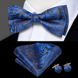 Hi-Tie Brand Silk Pre-tied Men's Bow Tie Hanky Cufflinks Set Bowtie for Male Jacquard Solid Paisley Floral Wedding Business Gift