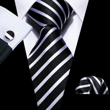 Business Black Silk Ties For Men Classic Solid High Quality Woven Pocket Square Cufflinks Sets Party Formal Designer Barry.Wang