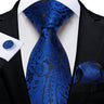 Elegant Blue Floral Paisley Men's 8cm Silk Tie Set with Pocket Square Cufflinks Business Suits Accessories Groom Wedding Cravat