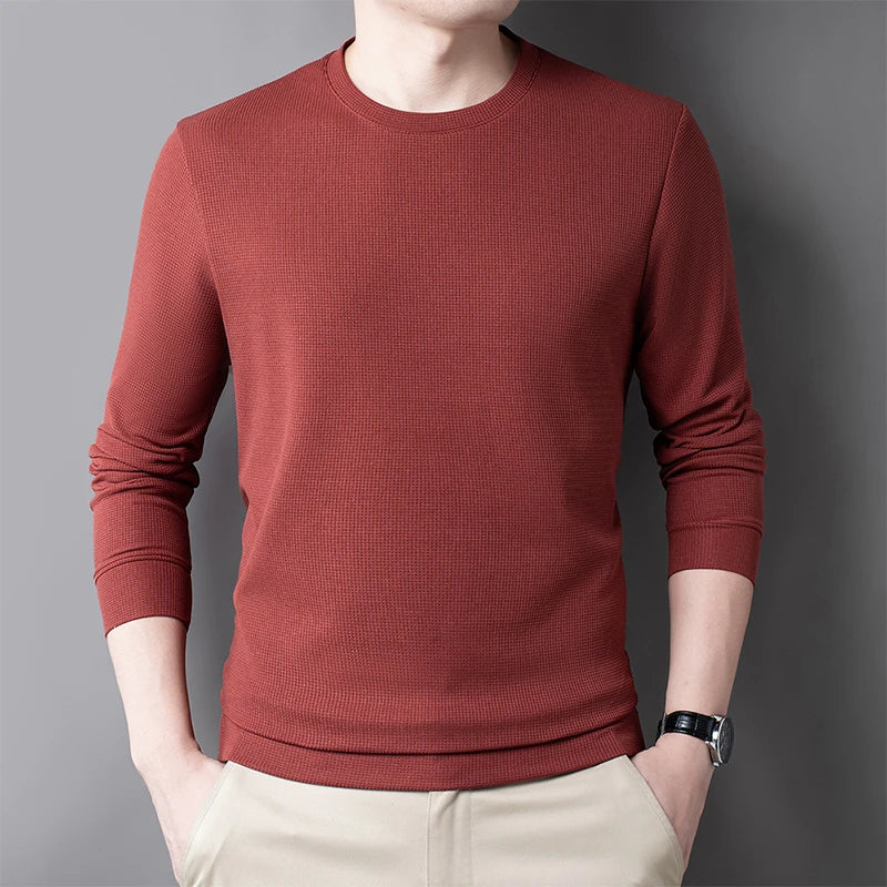 2024 Men's Casual Fashion Long Sleeved Round Neck T-shirt Waffle Comfortable Top