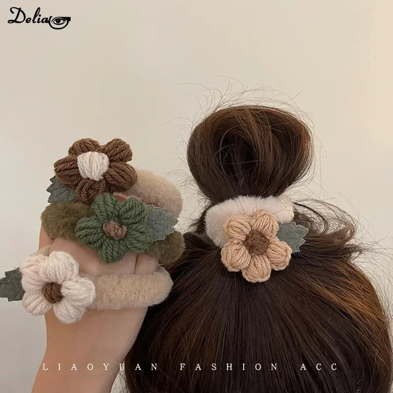 Newest Korean Woman Cute Plush Flower Hairband Elastics Hair Band Scrunchies Hair Ties Ladies Ponytail Hold Hair Accessories