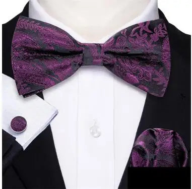 Barry.Wang Silk Mens Bow Tie White Green Pink Purple Jacquard Paisley Floral Pre-Tied Bowtie Hanky Cuffs Set Wedding Business