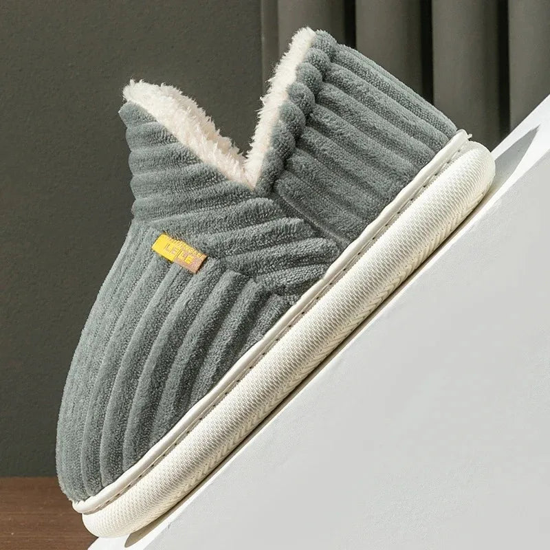 Winter Couple Style Concise Stripes Wrap Heels Plush Slippers Ladies' Non-slip Soft Warm Flip Flops Men Home Casual Cotton Shoes