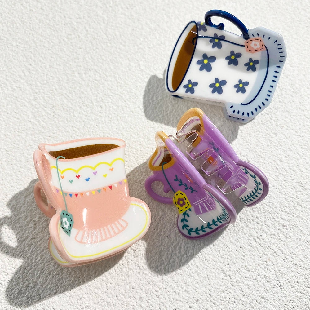 Sweet Cute Plastic Pastoral Flower Print Cup Shark Hairpin For Women Girls New Cute Vase Shape Hair Clip Claw Accessories