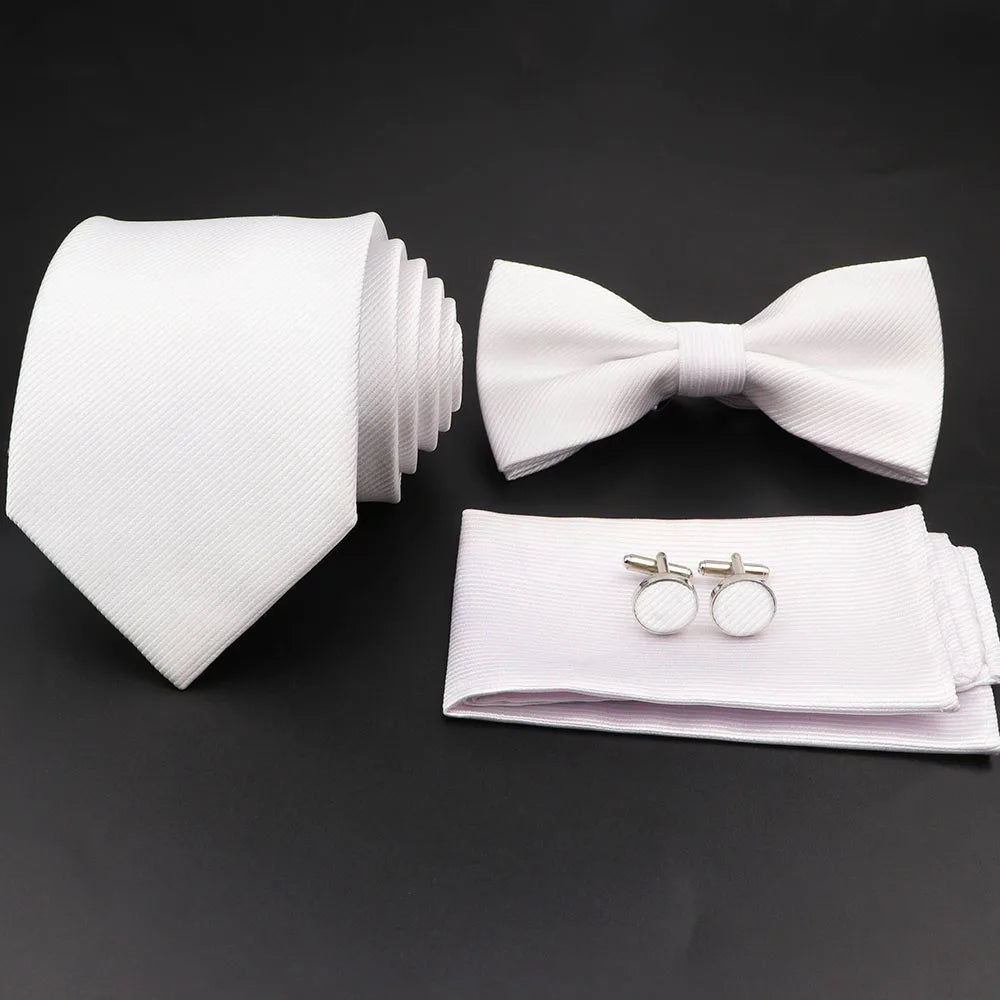 Hot Sale Red Blue Tie Set Polyester Slim Striped Necktie Bowtie Cufflink Brooch For Groom Suit Wedding Cravat Shirt Accessory