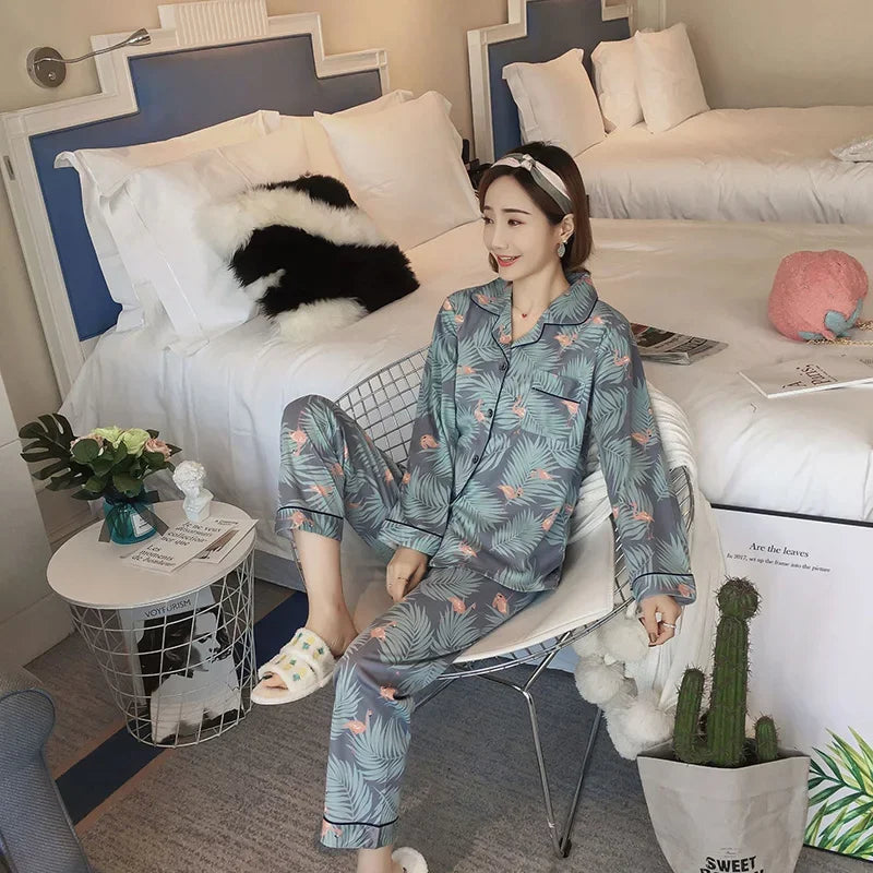 Women's Pajamas Set V-Neck Button down Top and Trousers Sleepwear Homewear Casual Nightwear Loungewear Autumn Winter Two-Piece