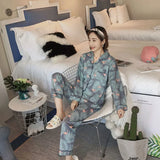 Women's Pajamas Set V-Neck Button down Top and Trousers Sleepwear Homewear Casual Nightwear Loungewear Autumn Winter Two-Piece