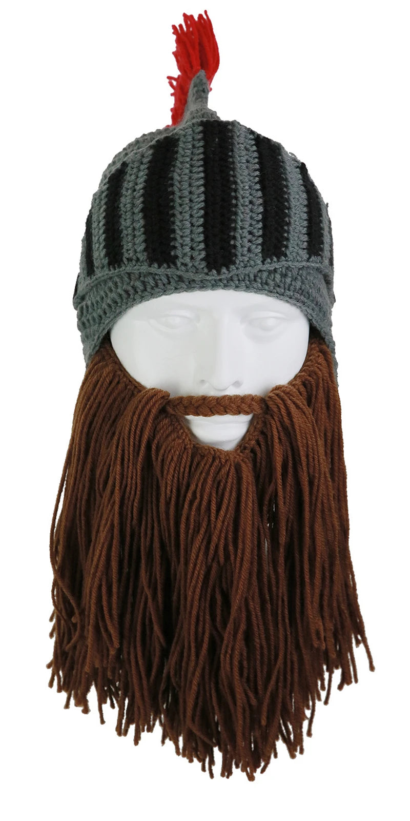 Red Tassel Cosplay Roman Knight Knit Helmet Men Cap Original Barbarian Handmade Winter Warm Beard Hats Funny Beanies Party Gifts