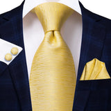 Hi-Tie Solid Gold Yellow Silk Ties For Men Handky Cufflinks Set Fashion Gift For Men's Tie Wedding Business Necktie