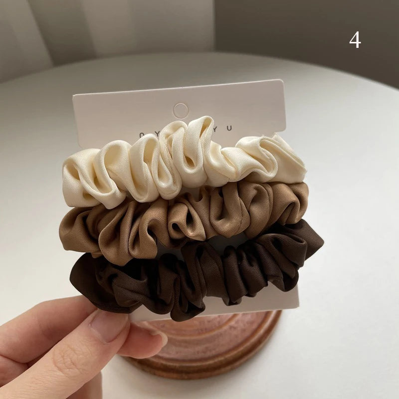 Silk Elastic Hair Bands Ponytail Holder Hair Tie Handmade White Black Coffee Hair Elastics 3Pcs Silky Satin Scrunchies Headwear