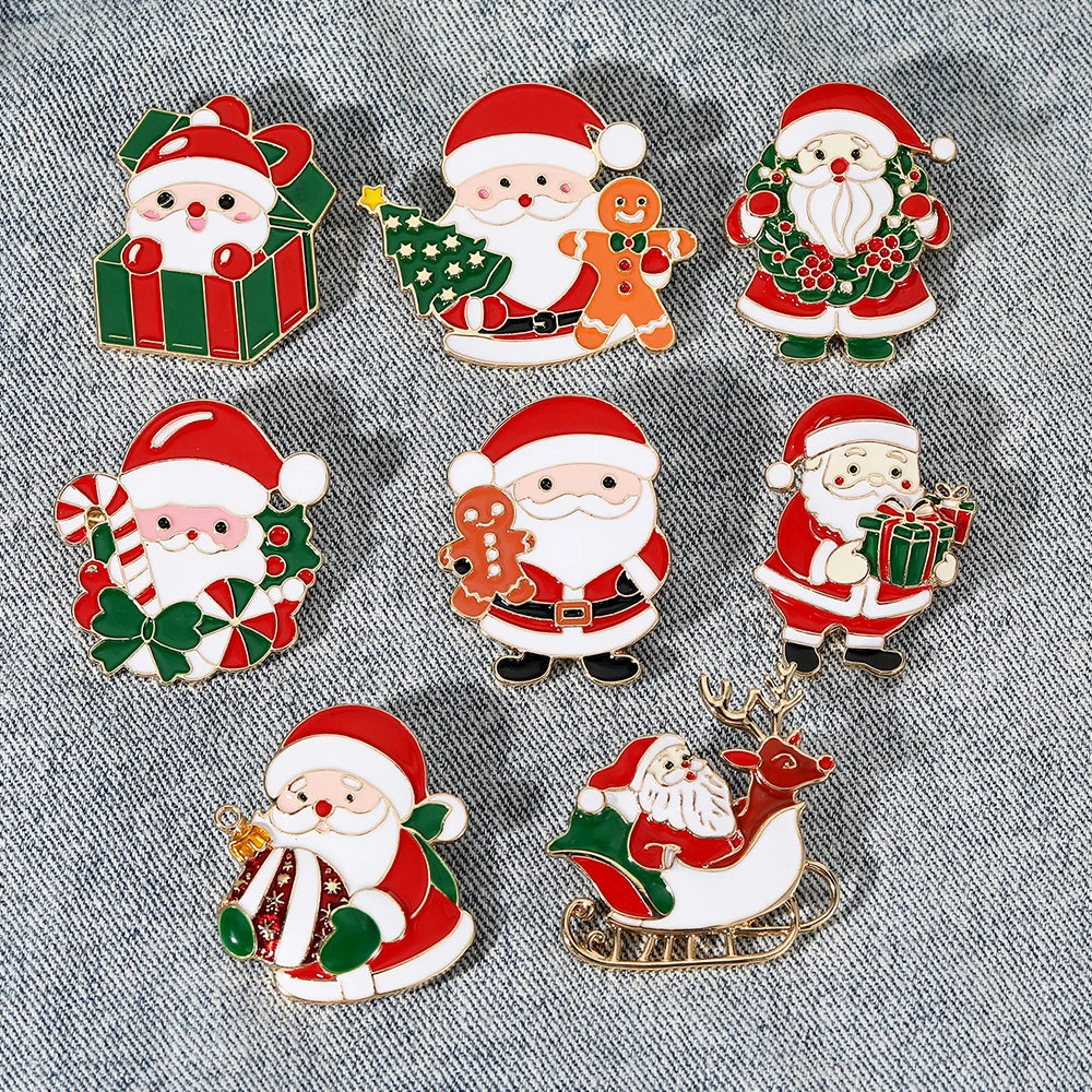 8 Styles Pretty Santa Claus Collection Brooches Candy Canes Wreath Sleigh Reindeer Tree Father Christmas Lapel Pins Xmas Gift
