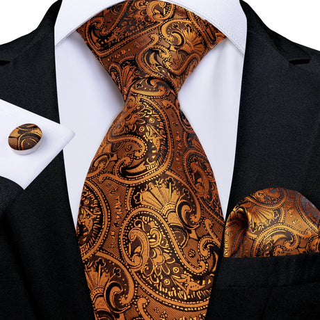 Men Tie Orange Paisley Luxury Silk Polyester Wedding Prom 8cm Necktie Set Pocket Square Cufflinks Gift for Husband Men Accessory